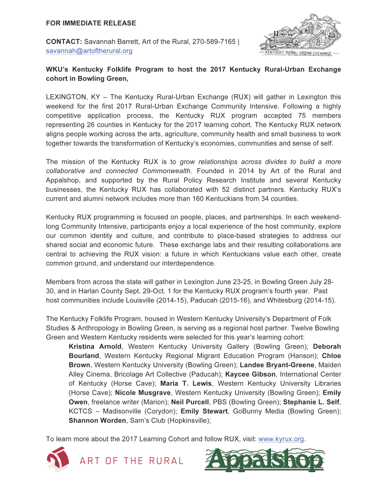 Kentucky Rural Urban Exchange 2017 Announcing Cohort Press Release Western Kentucky_Page_1